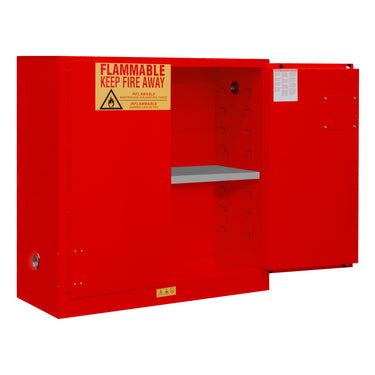FM Approved, Flammable Storage Cabinet, 30 Gallon, 2 Doors, Manual Close, 1 Shelf, Red